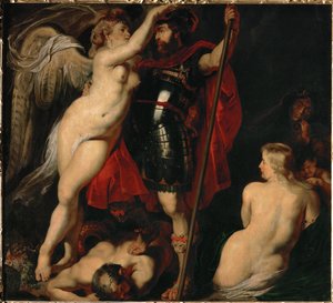 Hyveen sankari Mars, jonka voiton jumalatar kruunaa (maalaus kankaalle) tekijältä Peter Paul Rubens