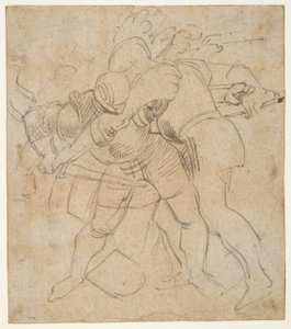 Kaksi panssaroitua sotilasta taistelee (r); koira (v) tekijältä Peter Paul Rubens