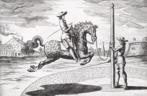 A Horse en Capriole teoksesta New Treatise for Breeding Horses, jonka ovat kirjoittaneet Winters, Stuterey ja Reit-Schul, kaiverrettu taiteilijan toimesta, pub. 1672 kaiverrus tekijältä Peter Paul Troschel