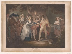 Rosalind verrast Orlando in het bos Shakespeare. Kuten pidät (otsikko esineessä)