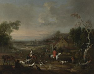 Pastori Jemmet Browne kettukoirien tapaamisessa, n. 1730 (öljy kankaalle) tekijältä Peter Tillemans