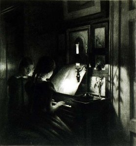 Tytöt pianon ääressä (mezzotint) tekijältä Peter Vilhelm Ilsted