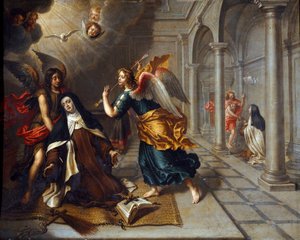 Pyhä Teresa Avilalainen (Jeesuslapsesta) (1515-1582) tapaa enkelin, joka lävistää kultaisen tikkansa sydämen. Peter Van Lindtin (1600-luku) maalaus Dim. 85x70 cm Genes, Galleria di Palazzo Bianco