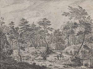 Metsämaisema, jossa ratsastaja keskustelee miehen kanssa keskellä, kävelysilta oikealla, 1716. tekijältä Peter von Bemmel