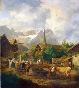 Aamu Partenkirchenissä (Saksa) - Peter von Hessin (1792-1871) maalaus, öljy puulle