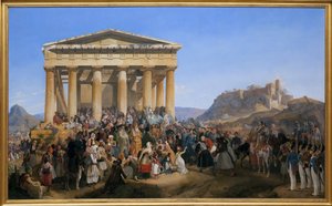 Kreikan kuninkaan Othon I (1815-1876) sisäänkäynti Ateenaan, jonka väkijoukko toivotti tervetulleeksi Hephaistoksen (Hephaisteion) (Hephaistos) tai Theseionin temppelin edessä Agoralla (Kreikka)