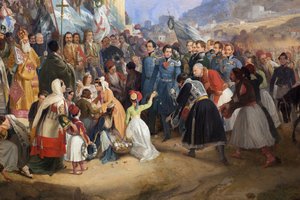 Kreikan kuninkaan Othon I (1815-1876) sisäänkäynti Ateenaan, jonka väkijoukko toivotti tervetulleeksi Hephaistoksen (Hephaisteion) (Hephaistos) tai Theseionin temppelin edessä Agoralla (Kreikka)