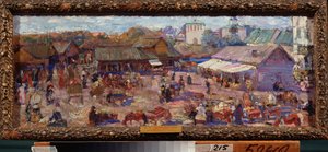 Markkinat Pihkovassa (Venäjä). Pjotr ​​Ivanovitš Petrovitševin (Pjotr ​​Petrovitševin) (1874-1947) työ, öljy pahville tekijältä Petr Ivanovic Petrovichev