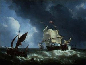 Hollantilainen fregatti tulossa ankkuriin myrskyssä (öljy paneelissa) tekijältä Petrus Johann Schotel