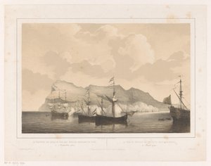 Gibraltarin valloitus Anglo-hollantilaisen laivaston Gibraltarin valloitus 3. elokuuta 1704 / La prize de Gibraltar par un flotte Anglo-Neerlandaise (otsikko esineessä)