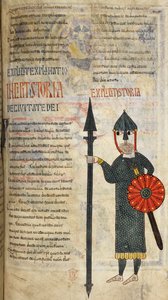 Visigootti sotilas, joka on pukeutunut polvipituiseen ketjuun ja leggingseihin, kuvitus teoksesta "Beatus of Liébana" tekijältä Petrus Petrus