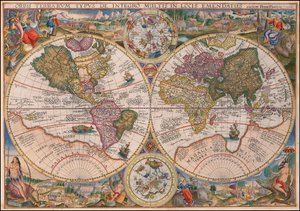 Petrus Planciuksen laatima kaksoispuoliskon maailmankartta vuodelta 1594. tekijältä Petrus Plancius