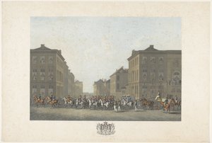 Bändi William I:n avajaisissa Brysselissä 21. syyskuuta 1815 Kaksitoista levyä William I:n saapumisesta ja virkaanastumisesta Brysseliin sekä taisteluista Quatre-Brasissa ja Waterloossa vuonna 1815 (sarjan nimi) tekijältä Philibert Louis Debucourt