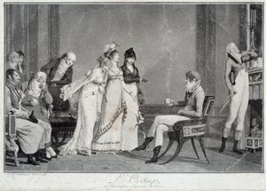 Pariisin oranssi tai moderni tuomio Parodia Pariisin tuomiosta, joka lavastelee nuoren miehen Directoiren (Incredible) tapaan valita kolmesta ihanasta. Philibert Louis Debucourtin (1755-1832) vedokset 1800 Pariisin ympärillä, Musee Carnava tekijältä Philibert Louis Debucourt