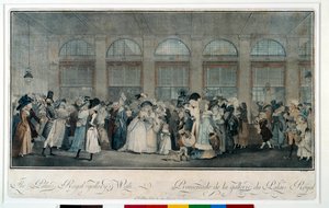 Kävele kuninkaallisen palatsin galleriassa vuonna 1787. Louis Philibert Debucourtin kaiverrus (1755 - 1832) tekijältä Philibert Louis Debucourt