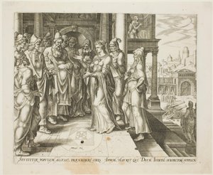 Judith puhuu Bethulian vanhimmille, levy kolme julkaisusta Judith ja Holofernes tekijältä Philip Galle