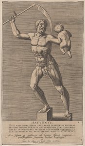 Levy 1: Saturnus, alaston jumalan patsas, joka seisoo sokkelilla, pitelee viikatettä oikealla..., 1586.