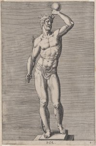 Levy 4: Apollo, alaston jumalan patsas seisomassa sokkelissa, kruunu ja kädessään..., 1586.