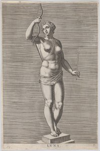 Levy 7: Diana, alastonjumalattaren patsas, joka seisoo sokkelissa, yllään kuunsirppi vuonna..., 1586.