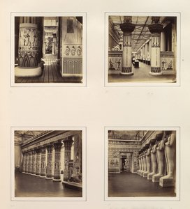 [Näkymä Egyptin tuomioistuimen poikki, näkymä egyptiläisten pylväiden läpi klassiseen veistoon..., n. 1859. tekijältä Philip Henry Delamotte.