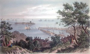 The Royal Squadron at Anchor, 2. syyskuuta 1846, kuningatar Victorian vierailusta Jerseyssä, kaiverrus H. Walter tekijältä Philip John (after) Ouless