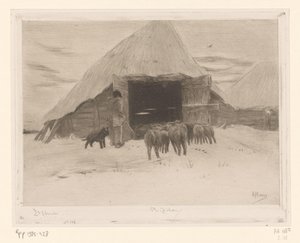 Paimen johdattaa lammaslauman navettaan Grange dans la neige (alkuperäinen nimi)