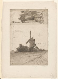 Tuulimylly niittymaisemassa ja näkymä Ravensteinstraatilla Brysselissä Vieux moulin a Laeken / Rue Ravenstein (Bruxelles) (alkuperäinen nimi) tekijältä Philip Zilcken (signed by artist)