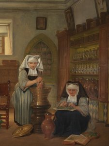 Yksityiskohta Saint-Johnin sairaalan apteekista (öljy paneelissa)