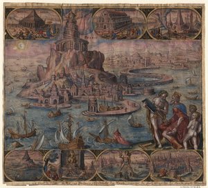 Aleksandrian majakka sarjasta Maailman kahdeksas ihme Maarten van Heemskerckin jälkeen, 1572 tekijältä Philipp Galle