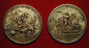 Mitali La Hoguen taistelun muistoksi vuonna 1692 (metalli) (katso myös 144616) tekijältä Philipp Heinrich Mueller