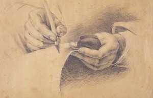 Piirustuskädet, 1798 (musta liitu korotettu valkoisella ruskealle paperille) tekijältä Philipp Otto Runge