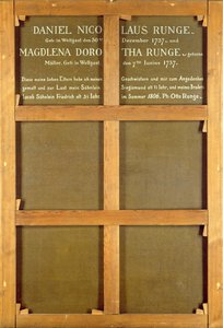 Maalauksen takana teksti "Taiteilijan vanhemmat", 1806 tekijältä Philipp Otto Runge