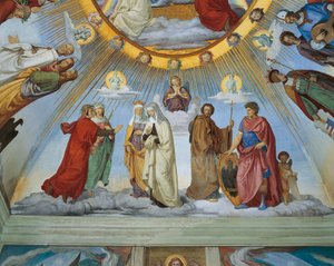 Dante ja Beatrice puhuvat Piccardalle ja Constancelle teoksesta "Autuasten ja empyrean taivaat", Dante Room (fresko)