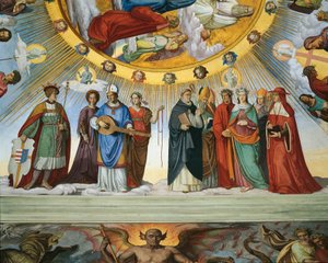 Dante ja Beatrice puhuvat viisauden opettajille "siunattujen ja empirelaisten taivaasta", Dante Room (fresko)