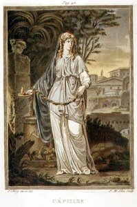 Cephise, puku Jean Racinen "Andromachelle", julkaisun "Research on the Costumes and Theatre of All Nations" I osasta, kaiverrus Pierre Michel Alix (1762-1817) 1802 (värikaiverrus)