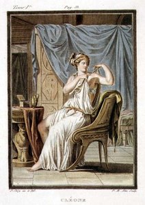 Cleone, puku Jean Racinen "Andromachelle", julkaisun "Research on the Costumes and Theatre of All Nations" osasta I, kaiverrus Pierre Michel Alix (1762-1817) 1802 (värillinen kaiverrus)
