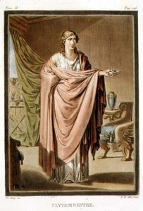 Clytemnestra, puku Jean Racinen teokseen "Iphigenia in Aulis", "Research on the Costumes and Theatre of All Nations" II osasta, kaiverrus Pierre Michel Alix (1762-1817) 1802 (värinen kaiverrus)
