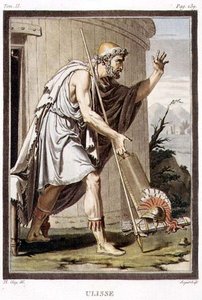 Ulysses, puku Jean Racinen teokseen "Iphigenia in Aulis", "Research on the Costumes and Theatre of All Nations" II osasta, kaiverrus Antoine Francois Sergent (1751-1847) 1802 (värikaiverrus)