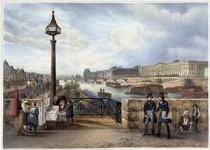 Louvre, joka on otettu Pont Neufista - "" Promenade dans Paris et ses environsissa", suunnittelija Jacottet ja Benoist, n. 1840 tekijältä Philippe Benoist