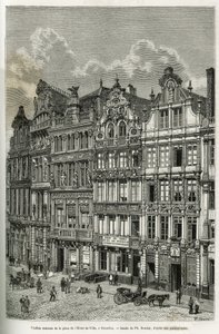 Vanhoja taloja kaupungintalon aukiolla Brysselissä. Kaiverrus Ph. Benoist, havainnollistaa Belgian tarinaa Camille Lemonnierin, julkaistu tour du monde, Edouard Chartonin (1807-1890) johdolla, Pariisi tekijältä Philippe Benoist