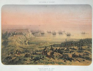Taistelukenttä Almassa voiton jälkeen, 20. syyskuuta 1854 (värilitho) tekijältä Philippe Benoist