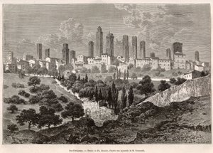 Näkymä San Gimignanoon (Toscana, Italia). Kaiverrus Ph. Benoistin piirustuksen jälkeen havainnollistamaan matkaa Toscanaan ja Umbriaan, Francis Wey, vuonna 1875, julkaistu "" Le tour du monde"" 1876, toimittanut Edouard Charton, Hachette painos, Pariisi. S