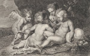 Kolmen lapsen ryhmä ja putto hedelmillä ja karitsalla, n. 1760-1801.