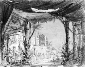 Hector Berliozin (1806-69) lavasteet Les Troyensiin 1863 (kynä ja muste ja pesu paperille)