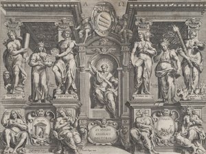 Arkkitehtoniseen rakenteeseen asetettu allegorinen opinnäyteteos, jossa on erilaisia hahmoja, 1608.