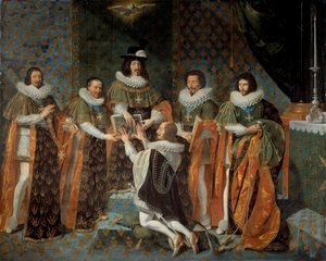 Ludvig XIII:n (1601-1643) vastaanotto Henri II:sta Orleansista, Longuevillen ja Estouvillen herttuasta, Neufchatelin suvereenista prinssistä (1595-1663) Pyhän Hengen ritarikunnan ritari 15.5.1633 Ludvig XIII:ta ympäröi Claude Bartillier , Suurrahastonhoita tekijältä Philippe de Champaigne