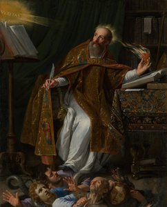 Pyhä Augustinus työhuoneessaan polkemassa harhaoppisia tekijältä Philippe de Champaigne