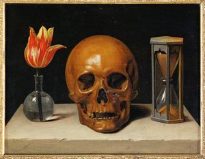 Vanitas, allegoria katoavasta ajasta kallon ja tiimalasin kanssa (öljy kankaalle) tekijältä Philippe de Champaigne