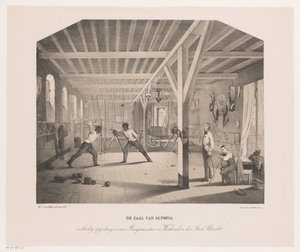 Näkymä oppilasyhtiö Olympian miekkailu- ja voimistelusalissa The Hall of Olympia (otsikko esineessä) tekijältä Philippus Anthonius Alexander Kanne
