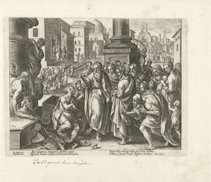 Paavali parantaa raajan Lystrassa Apostolien teot (sarjan nimi) Acta Apostolorum (sarjan nimi) tekijältä Philips Galle (possibly)